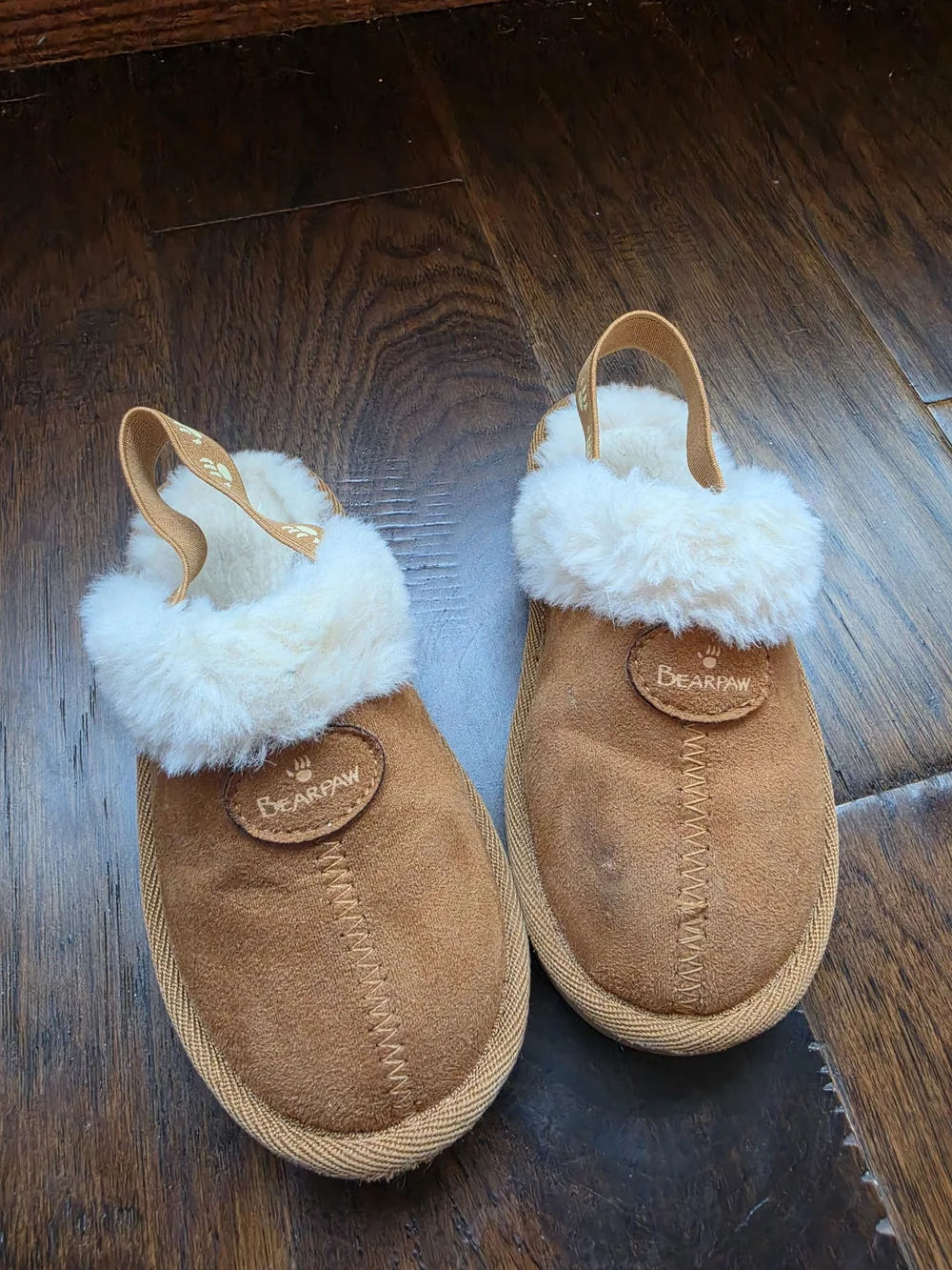 BearPaw Kids Tan Suede Slippers with Cream Shearling Cuff - SIZE 9